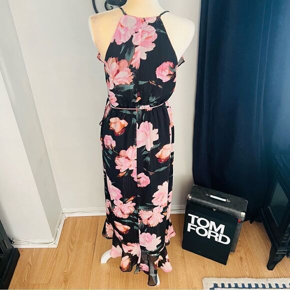 Jennifer Lopez Faux Wrap Ruffle Maxi Dress, Black/Pink, Size 2, Summer Wedding - Picture 5 of 9